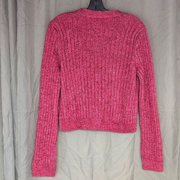 Mango Pink Fuchsia Metallic Cable Knit Long Sleeve Festive Chic Cropped Sweater - Picture 4 of 15